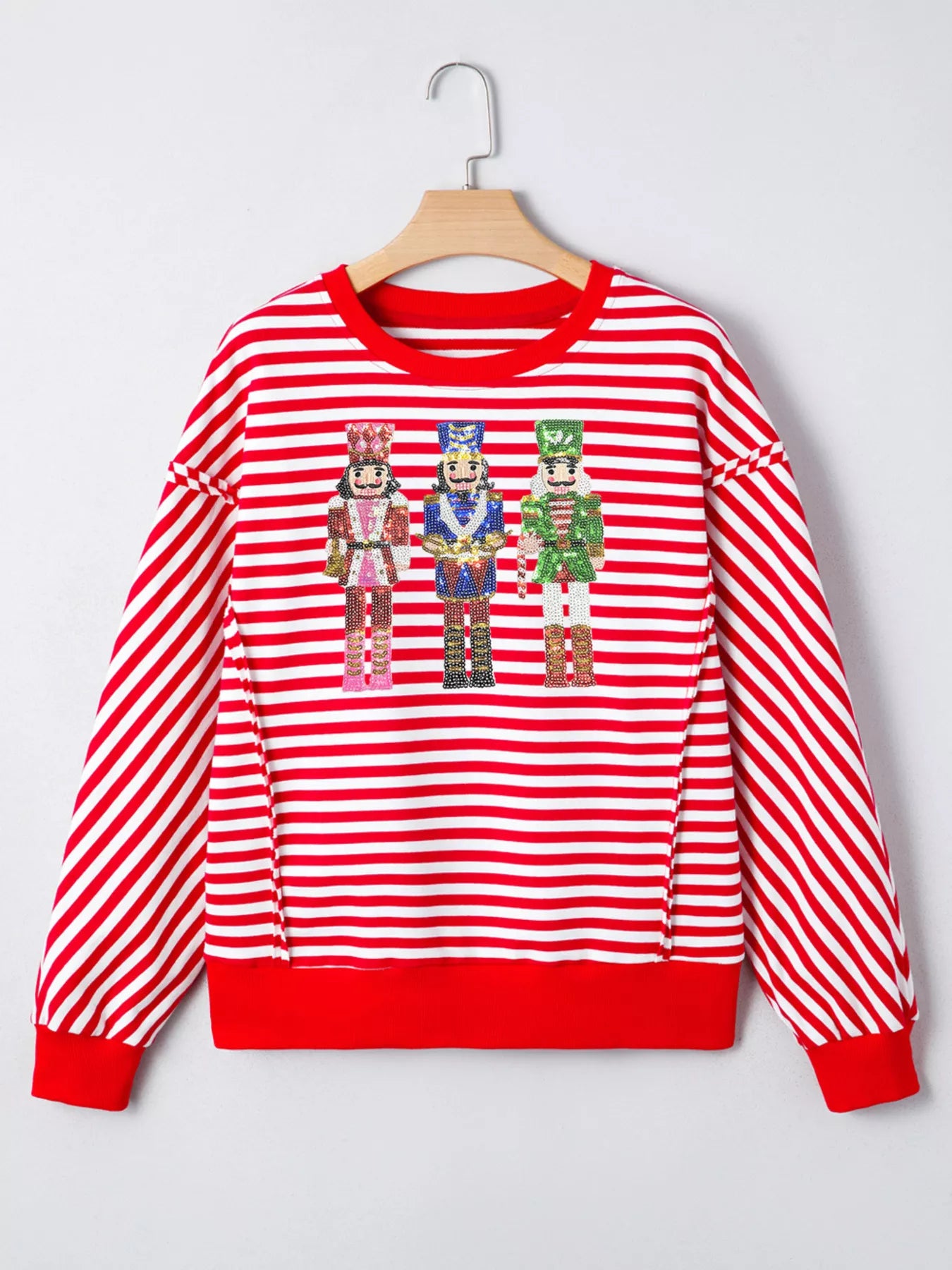 Stripe Christmas Nutcracker Sequin Patched Drop Shoulder Top