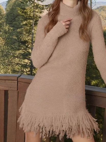 Fringe Turtleneck Long Sleeve Sweater Dress