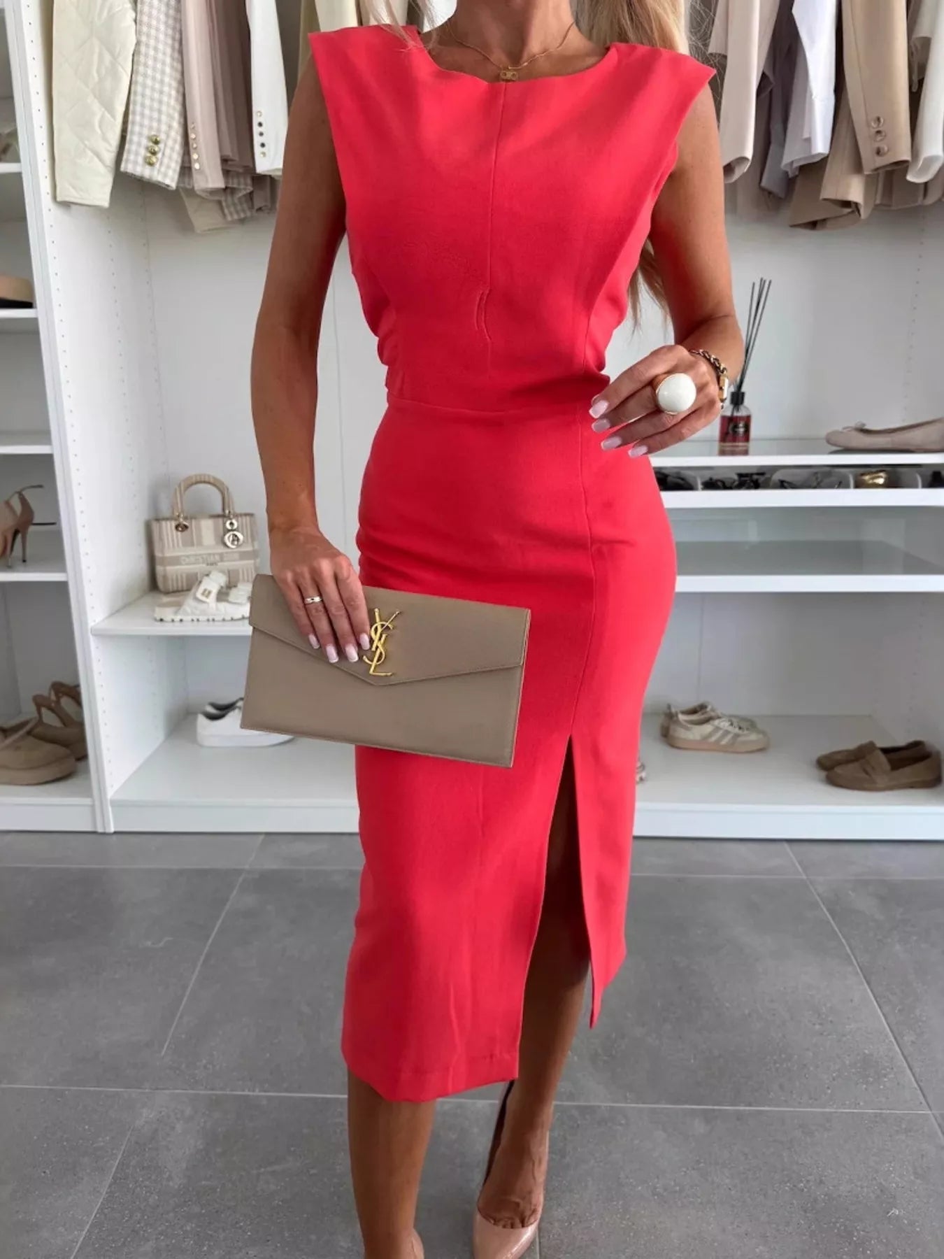 Full Size Slit Round Neck Sleeveless Dress Plus Size Red