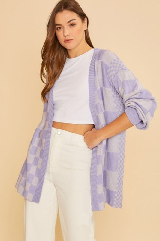Back To School Sweater - Annie Wear Checkered Open Front Drop Shoulder Cardigan Lavender