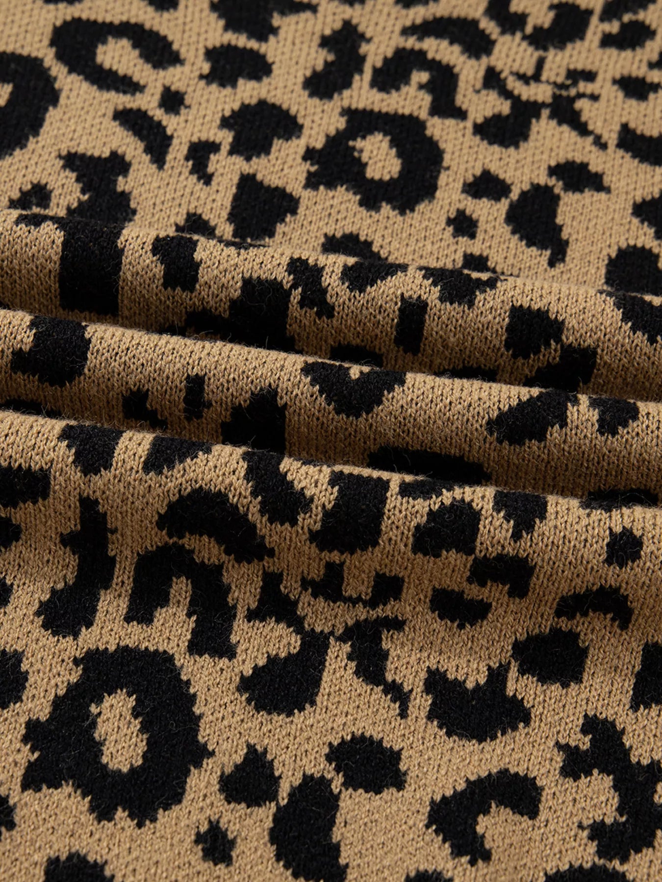 Ribbed Trim Round Neck Leopard Drop Shoulder Sweater