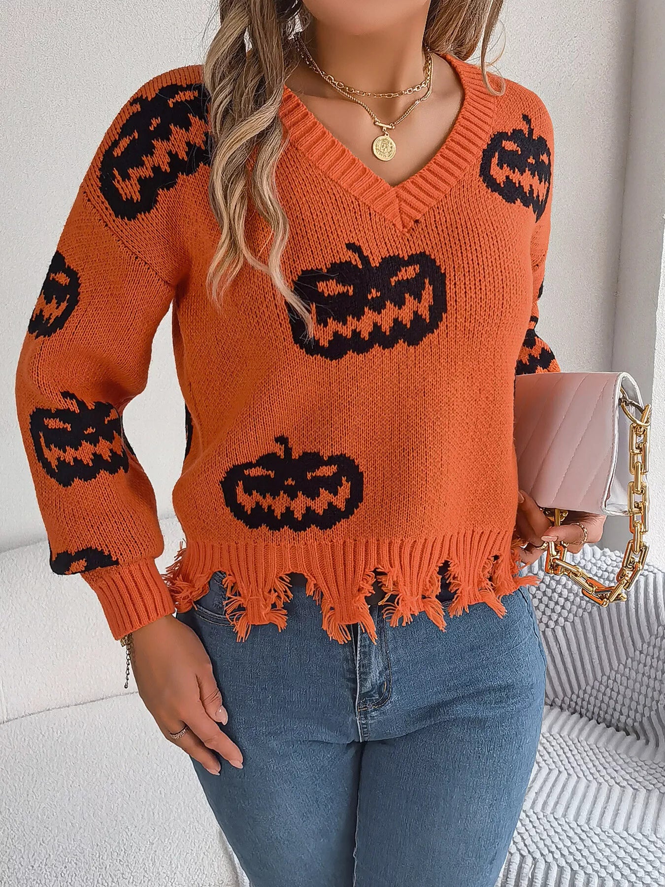Halloween Pumpkin Pattern Raw Hem V-Neck Sweater Orange