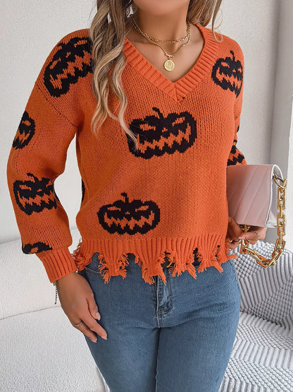 Halloween Pumpkin Pattern Raw Hem V-Neck Sweater Orange