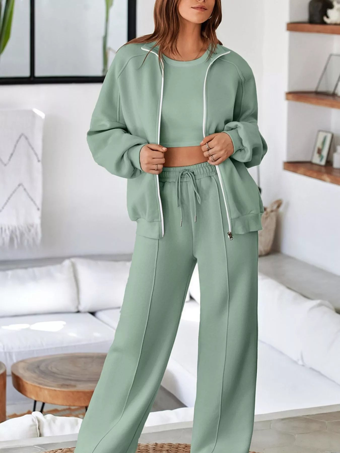Drop Shoulder Zip Up Jacket and Drawstring Pants Active 2pcs Set Sage