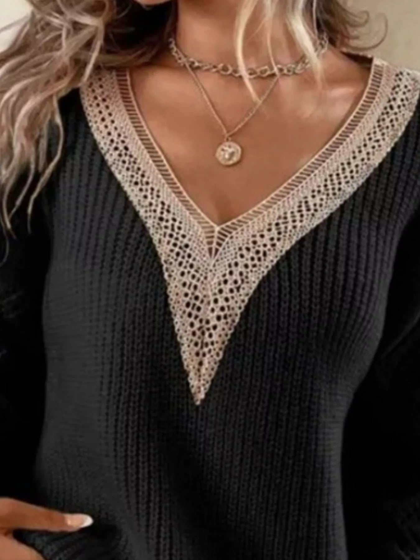 Openwork V-Neck Long Sleeve Sweater