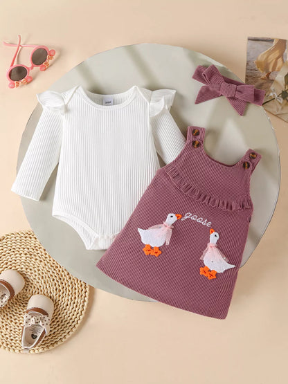 Children's Ruffled Trim Bodysuit and Dress Set with Headband Plum Purple