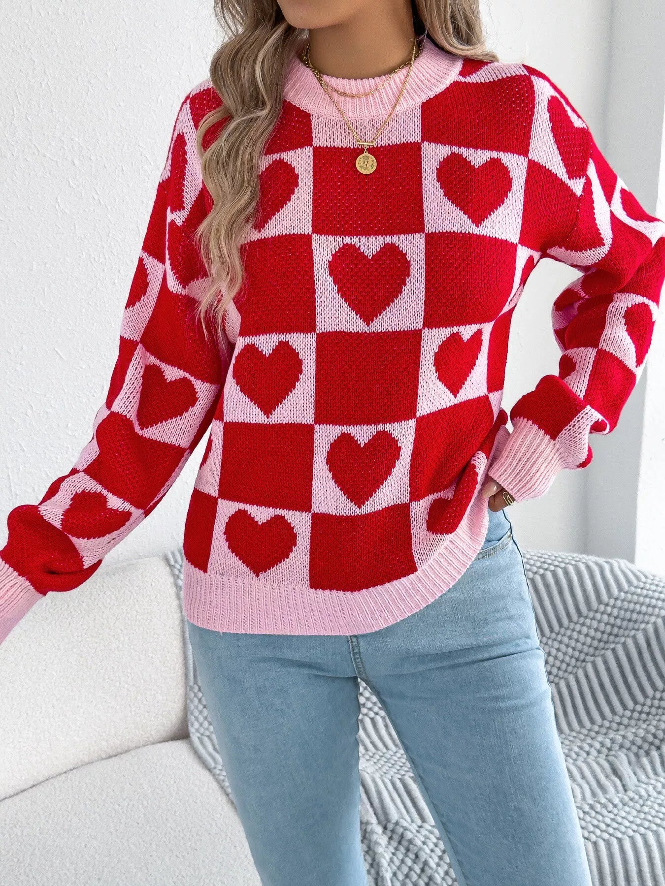 Heart Checkerboard Pattern Round Neck Sweater Red