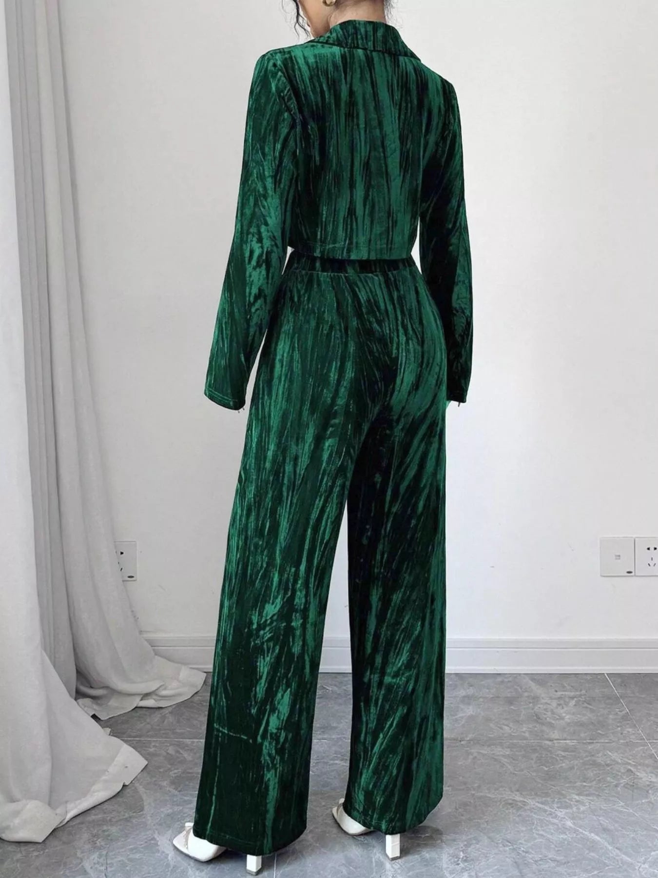 Pleated Velvet Blazer & Wide Leg Pants Set