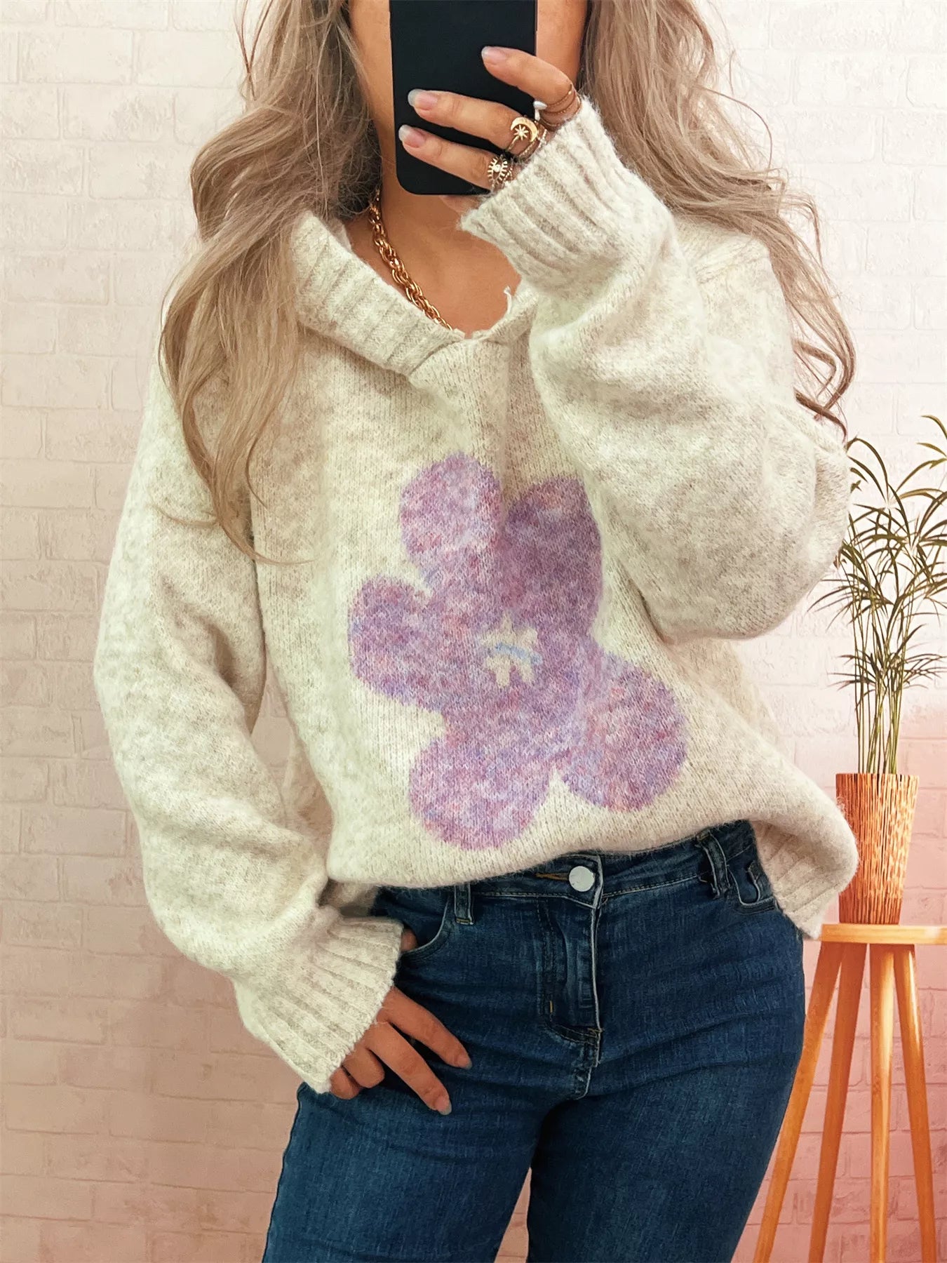 Flower Long Sleeve Hooded Sweater