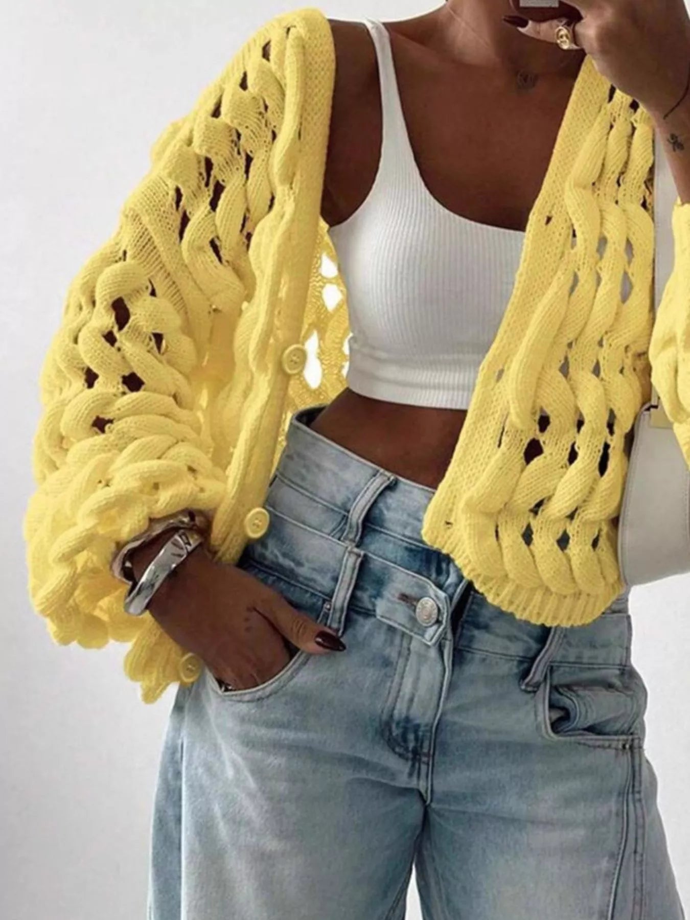 Openwork Button Up V-Neck Cardigan