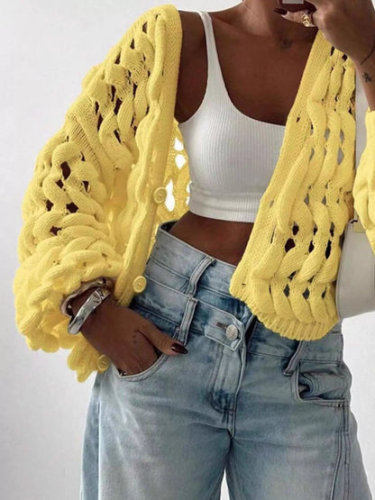 Openwork Button Up V-Neck Cardigan