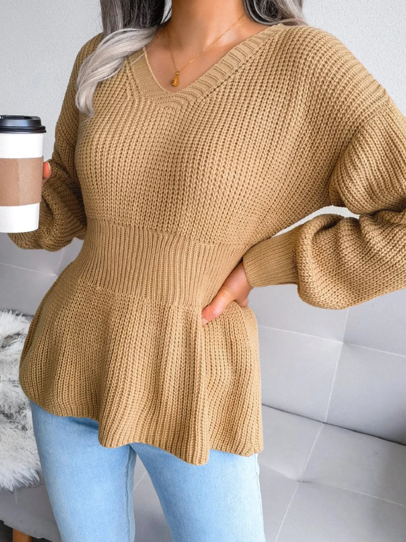 V-Neck Dropped Shoulder Sweater