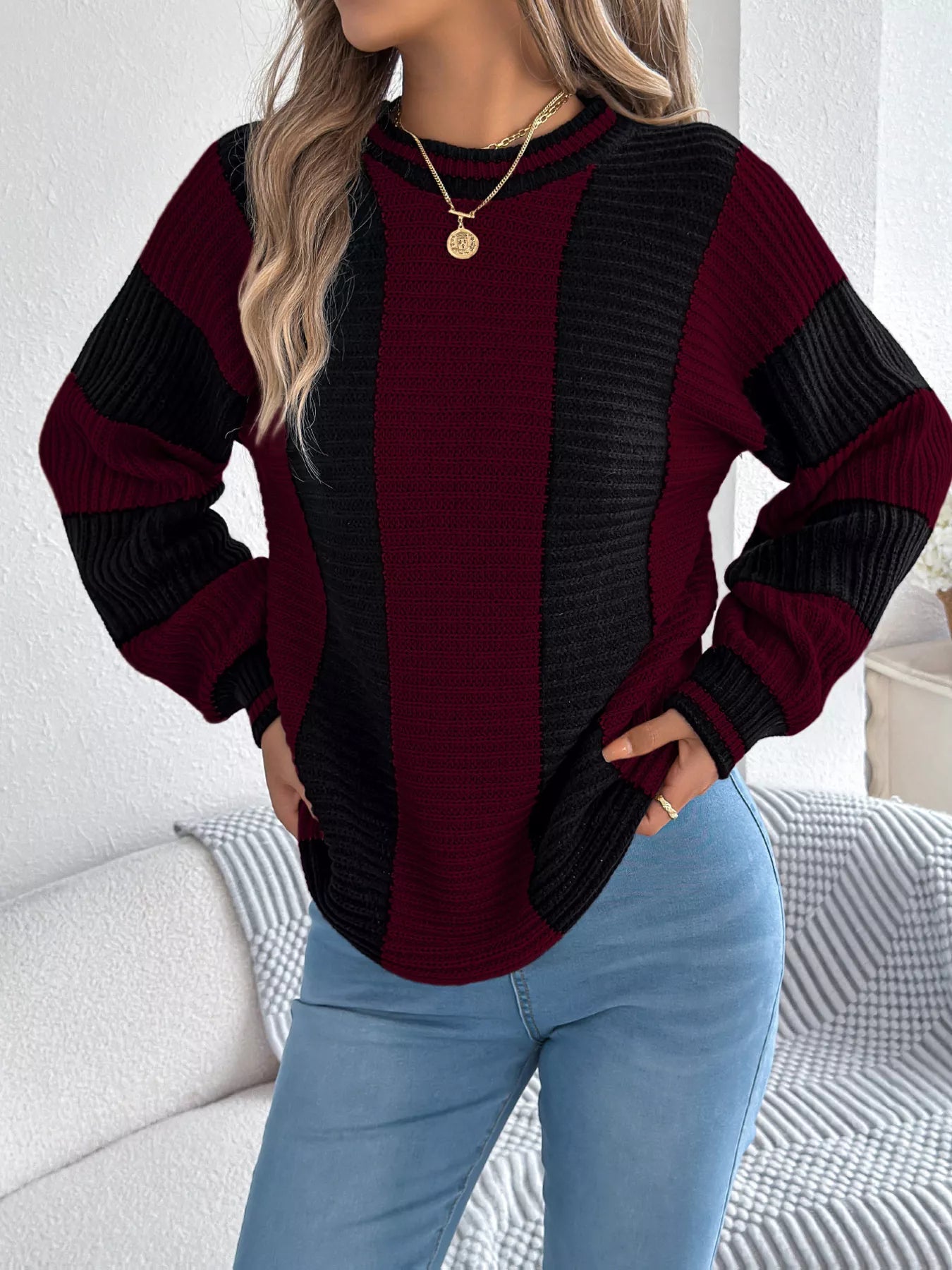 Color Block Round Neck Sweater