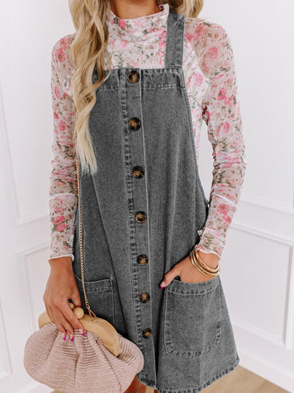 Wide Strap Button Down Denim Overall Dress Gray