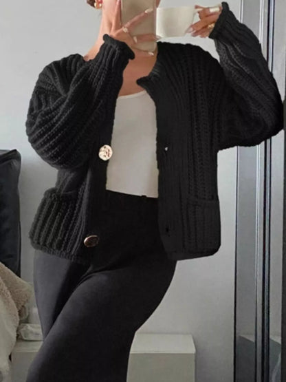 Button Up Dropped Shoulder Cardigan Black