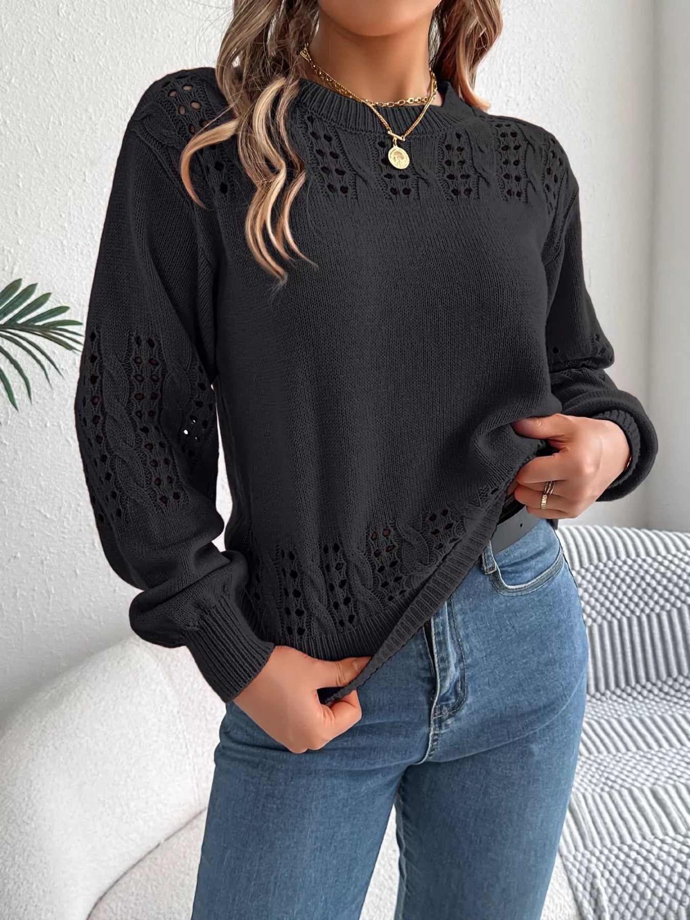 Hollow Out Eyelet Long Sleeve Sweater
