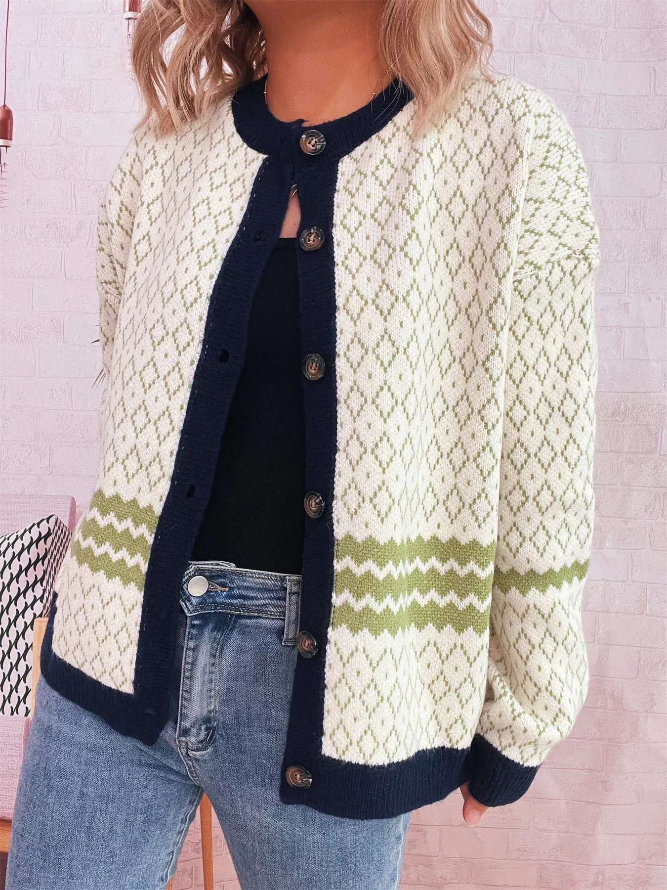 Geometric Pattern Button Up Cardigan