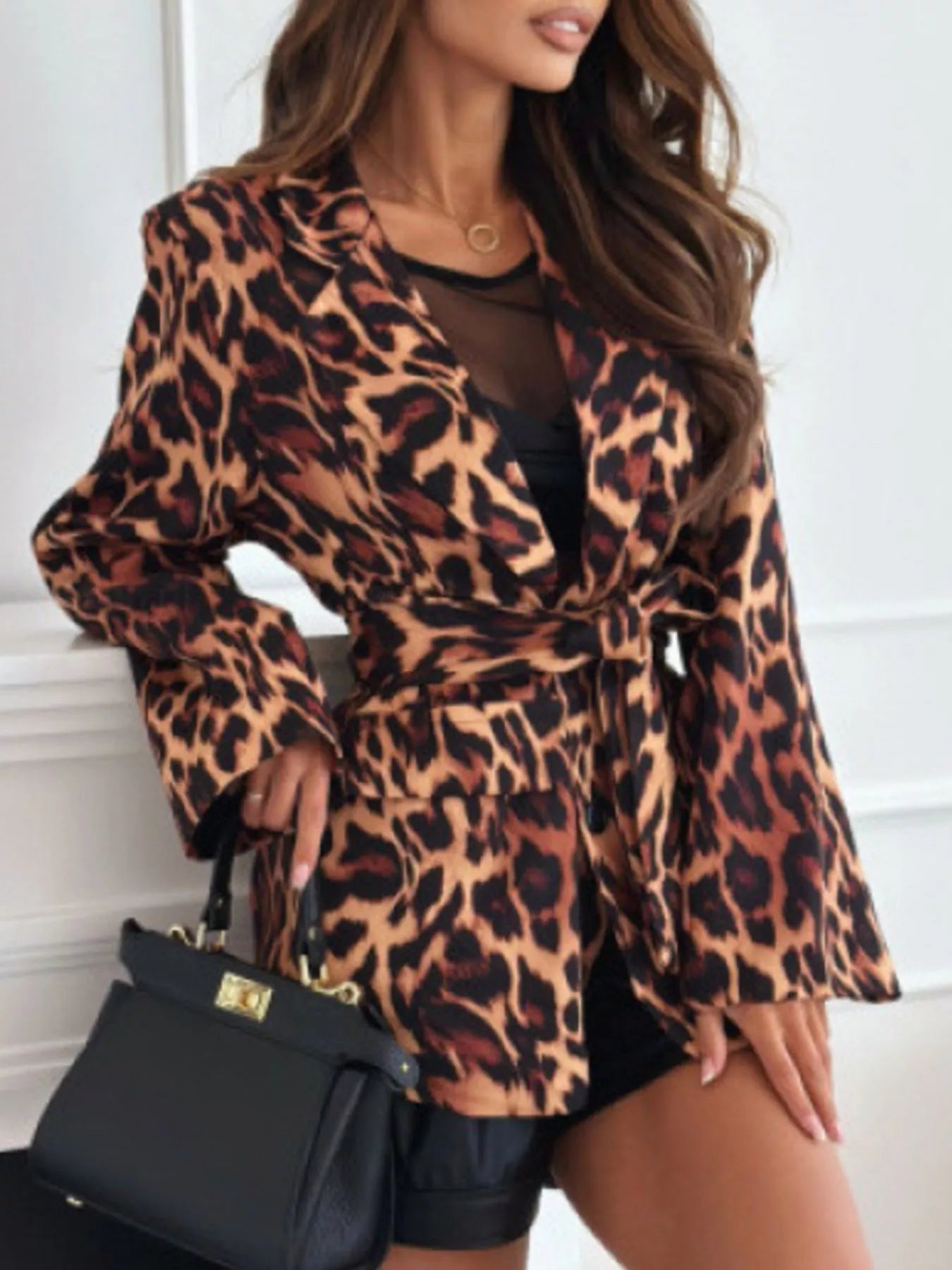 Leopard Print Tie Waist Blazer