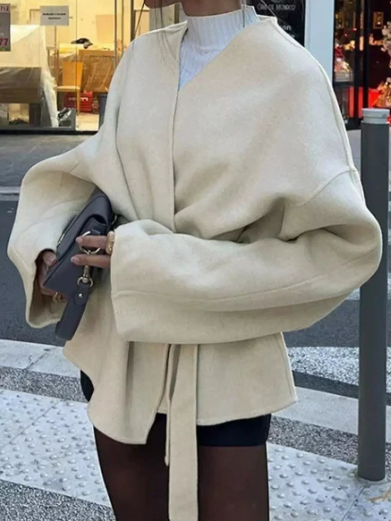 Surplice Tie Waist Dropped Shoulder Outerwear