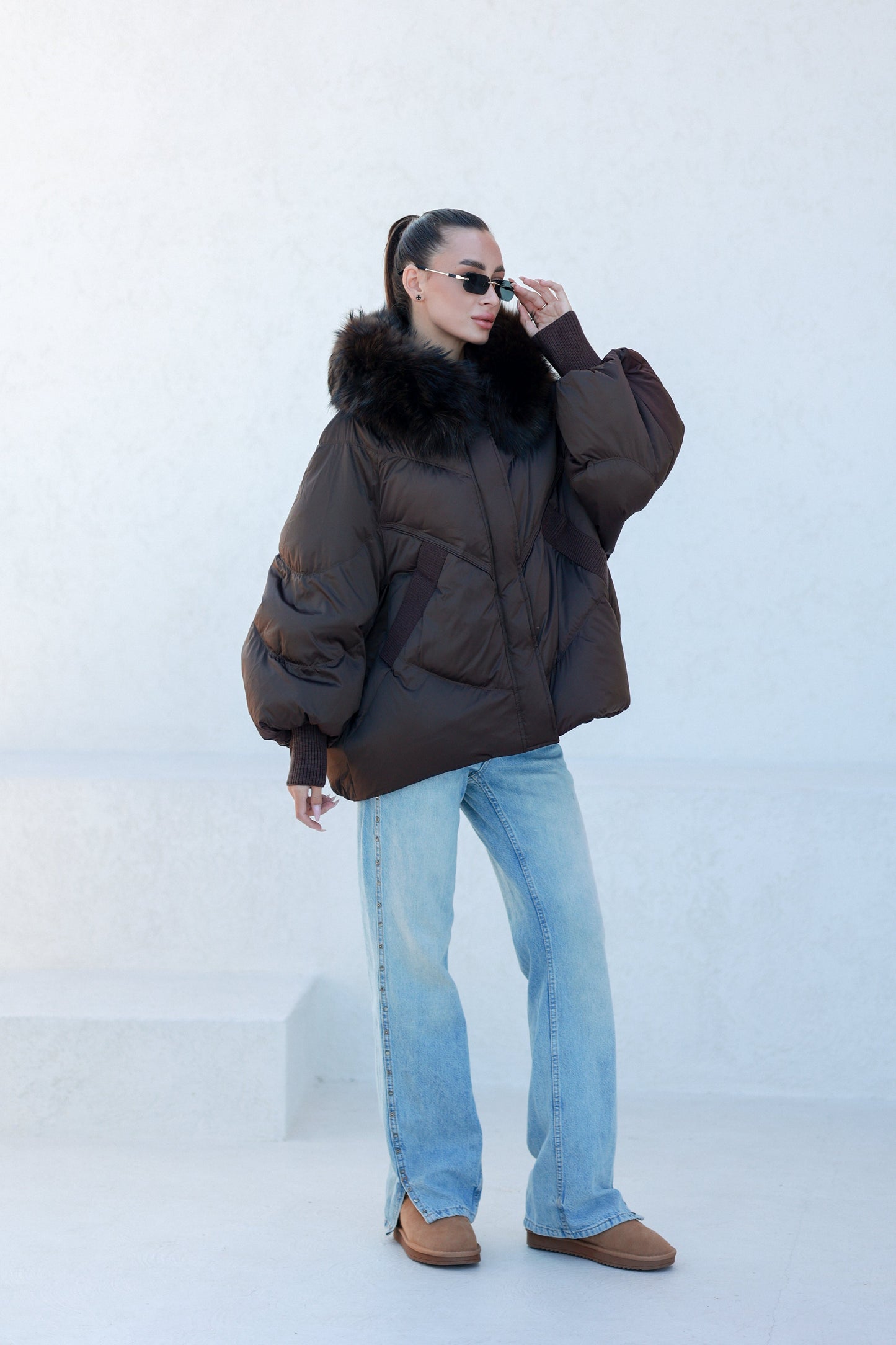 Chantal Genuine Fur Trim Down Fill Coat in Chocolate