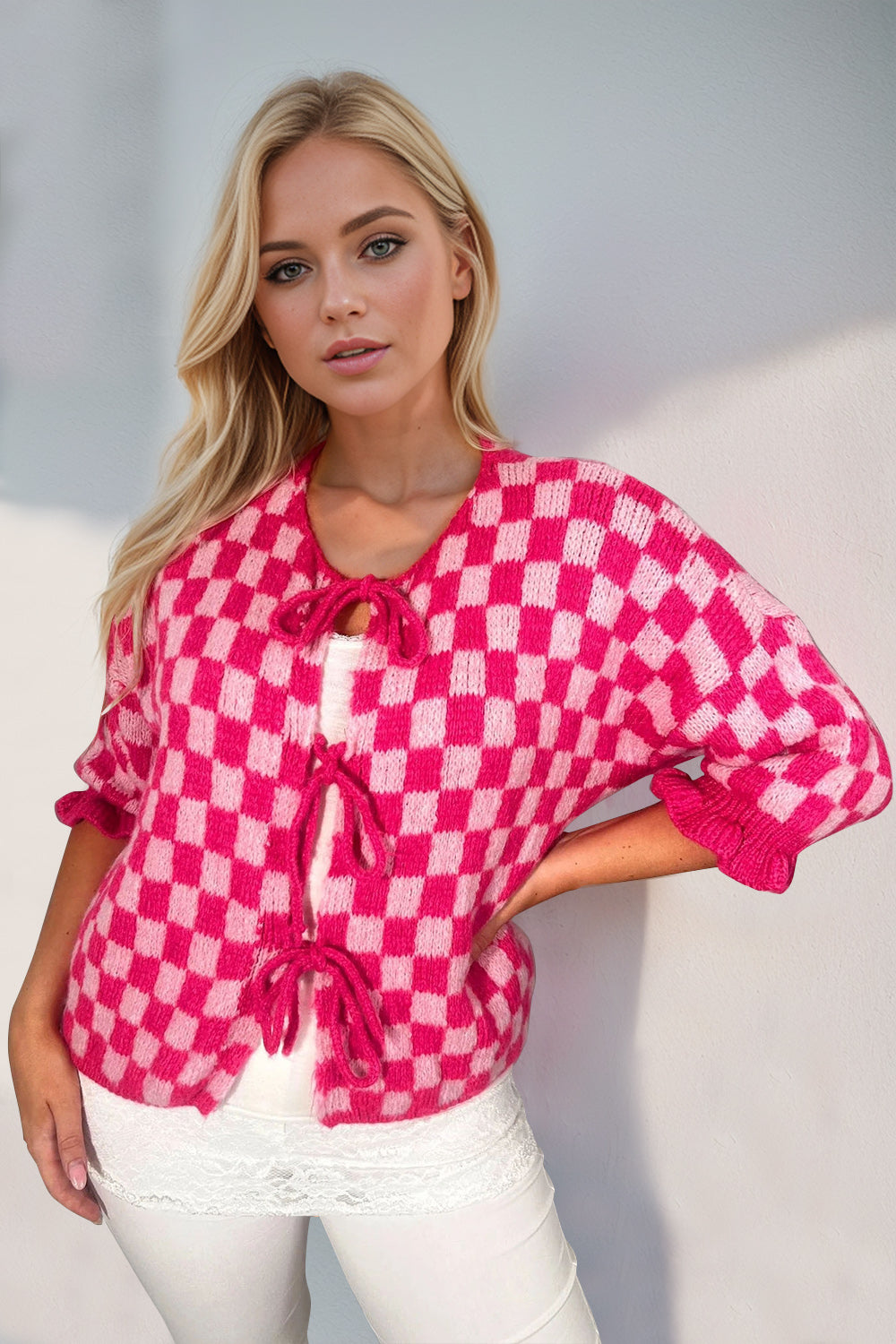 Back To School Sweater - Double Take Tied Checkered Dropped Shoulder Flounce Sleeve Cardigan Hot Pink
