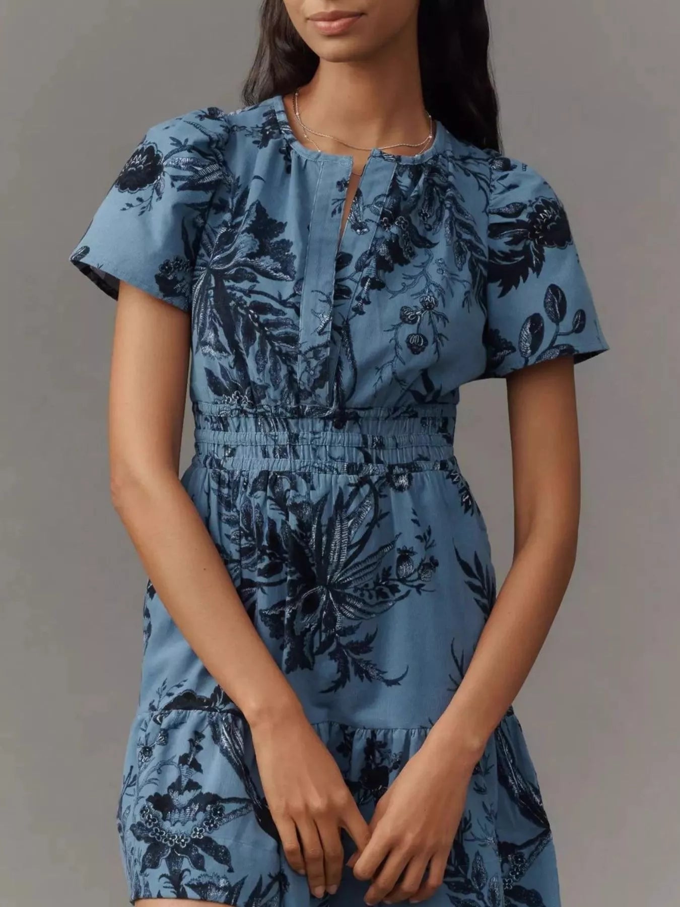 Printed Notched Short Sleeve Dress Blue print