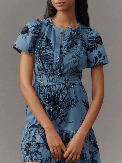 Printed Notched Short Sleeve Dress Blue print