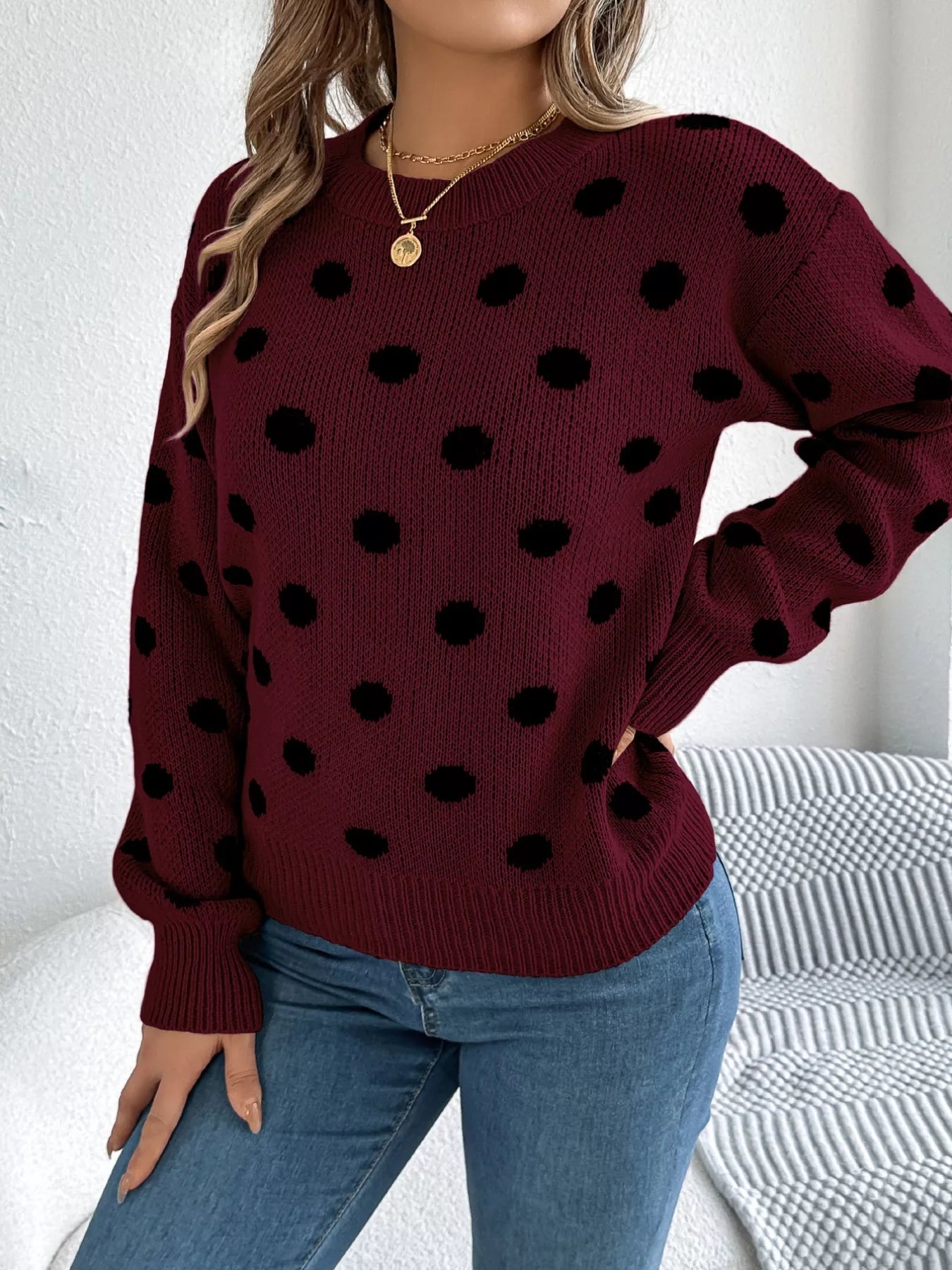 Polka Dot Round Neck Sweater Wine Red