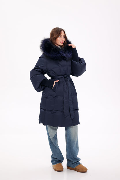 Genuine Fox Fur Trim Down Coat in Royal Blue