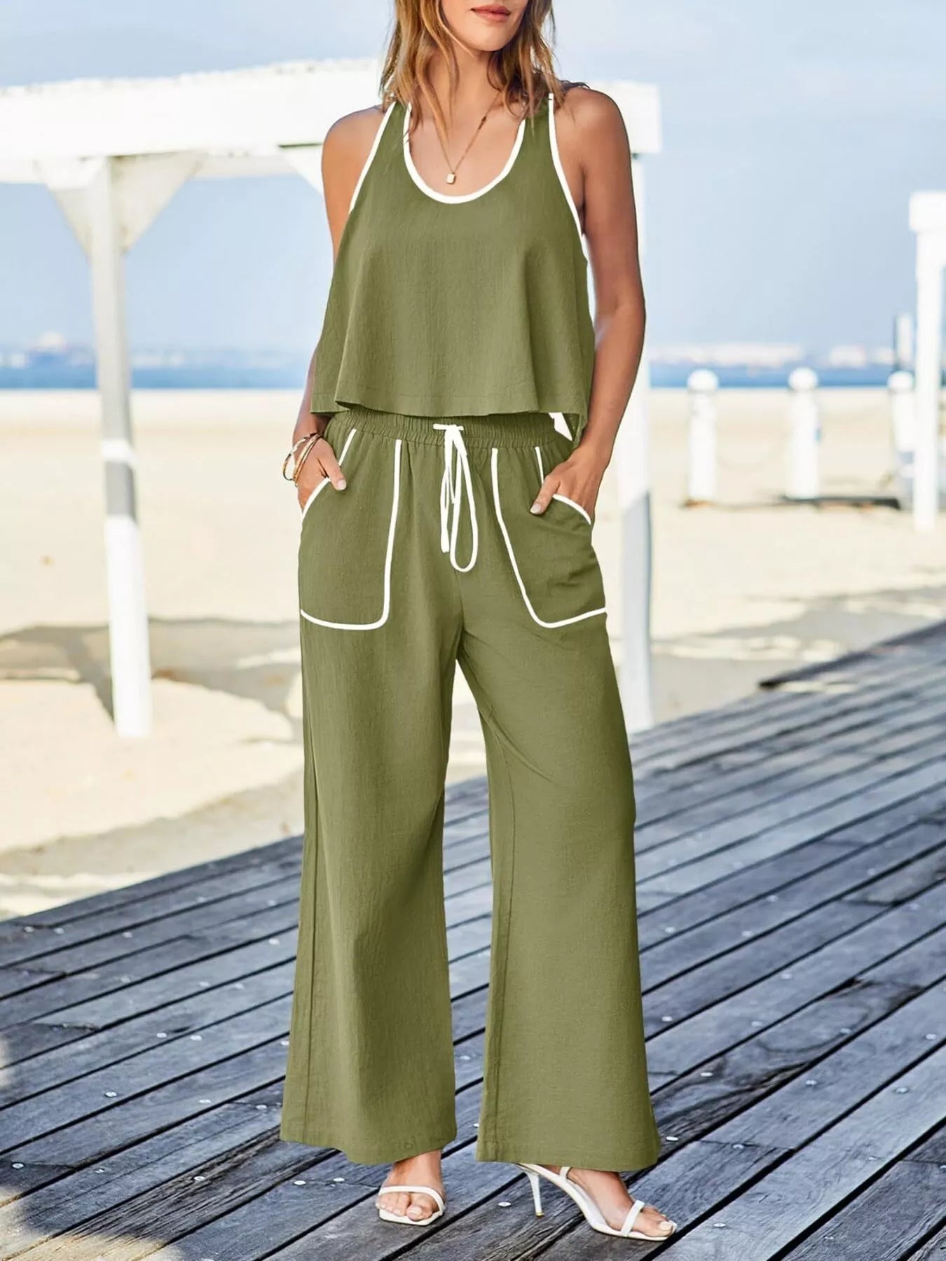 Contrast Trim Tank and Pants Set Olive