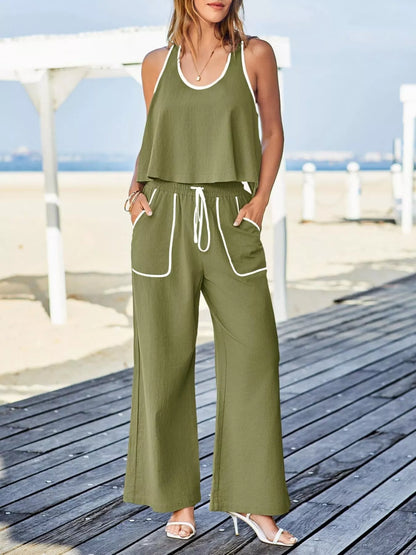 Contrast Trim Tank and Pants Set Olive