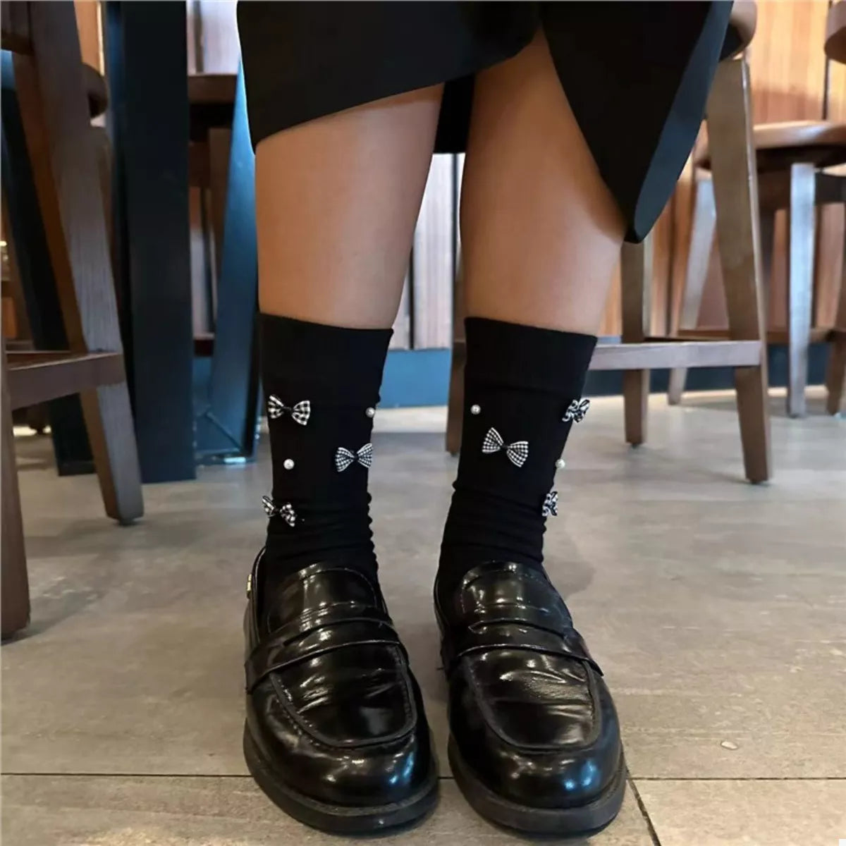 Pearl Detail Bow Crew Socks Black One Size