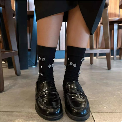 Pearl Detail Bow Crew Socks Black One Size