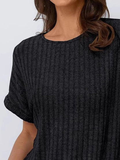 Casual Ribbed Knit Short Sleeve T-Shirt