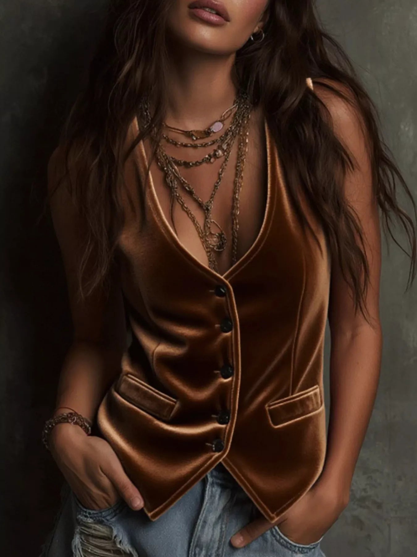 Velvet Button-Down Vest Coat Brown