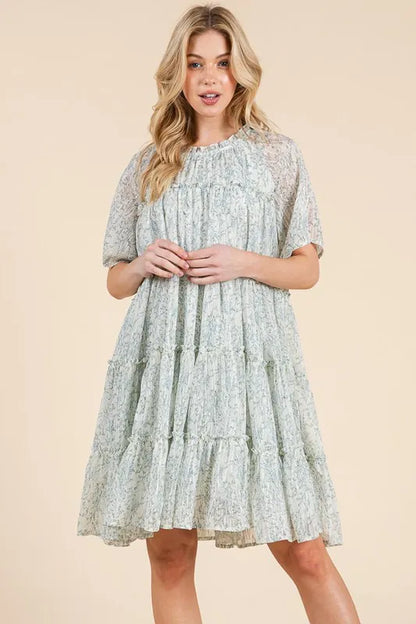 Lime 'N' Chili Ditsy Floral Print Sheer Ruffle Detail Mini Dress