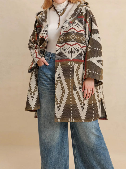 Plus Size Aztec Print Hooded Open Front Cardigan