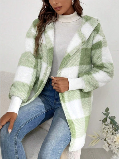 Plaid Long Sleeve Hooded Coat Light Green