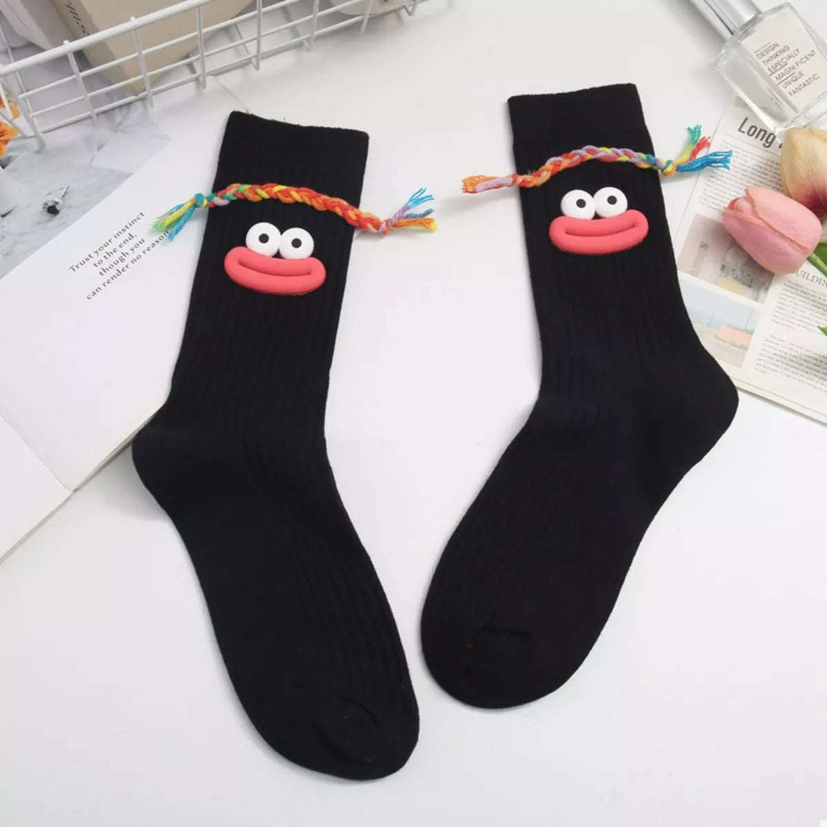 Cartoon Ribbed Knit Crew Socks Black C One Size