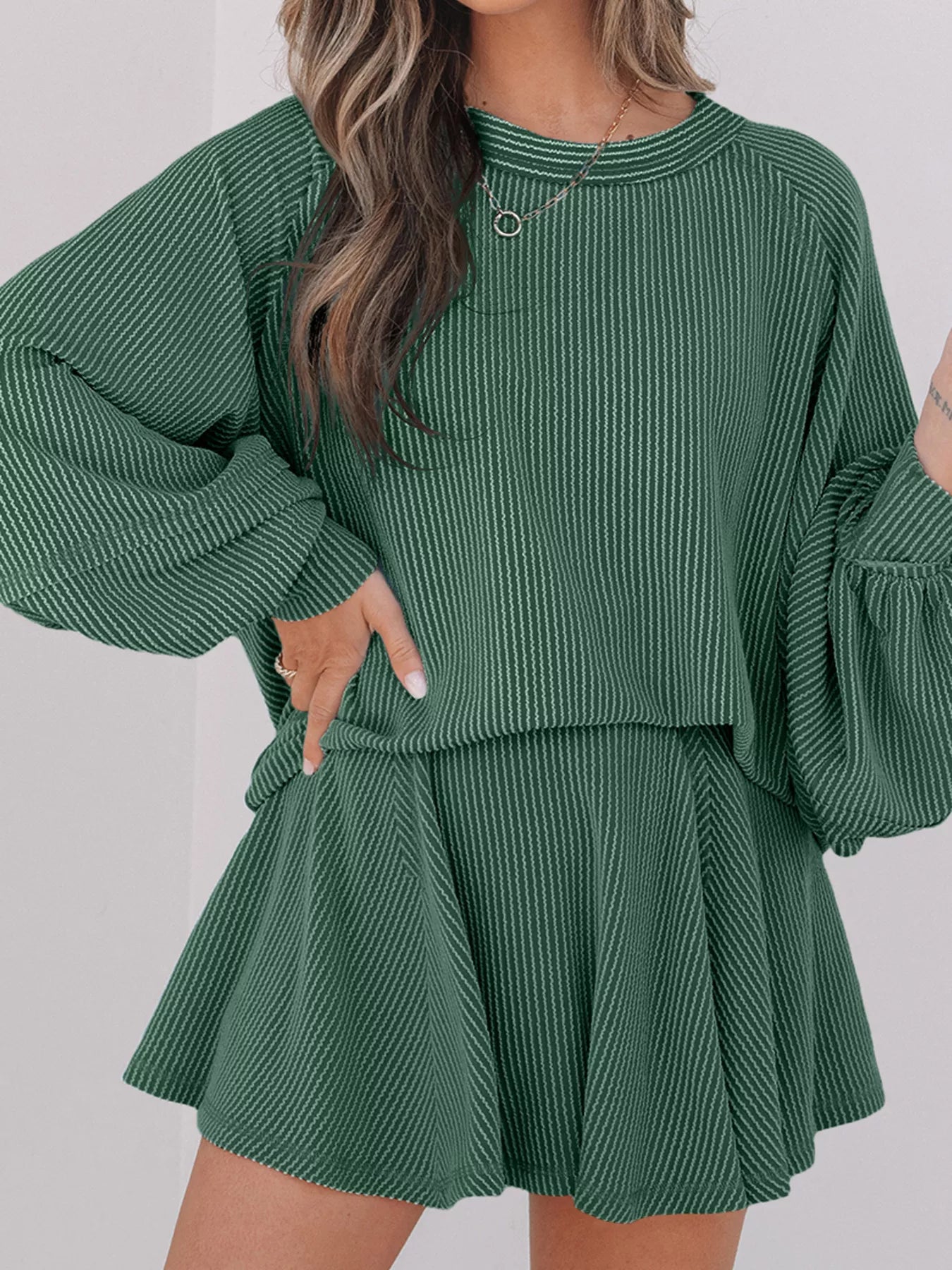 Corded Lantern Sleeve Top and High Waist Mini Skirt Set