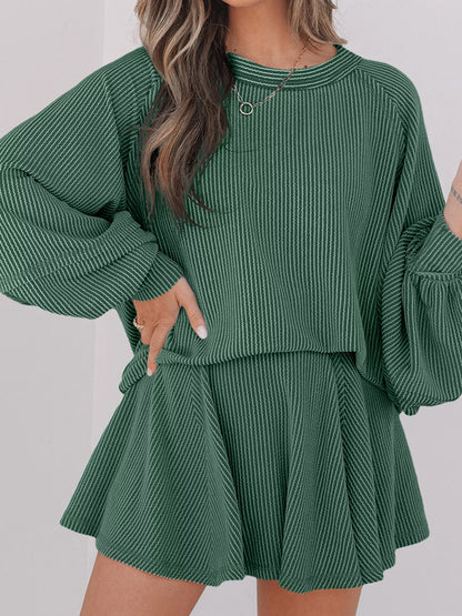 Corded Lantern Sleeve Top and High Waist Mini Skirt Set