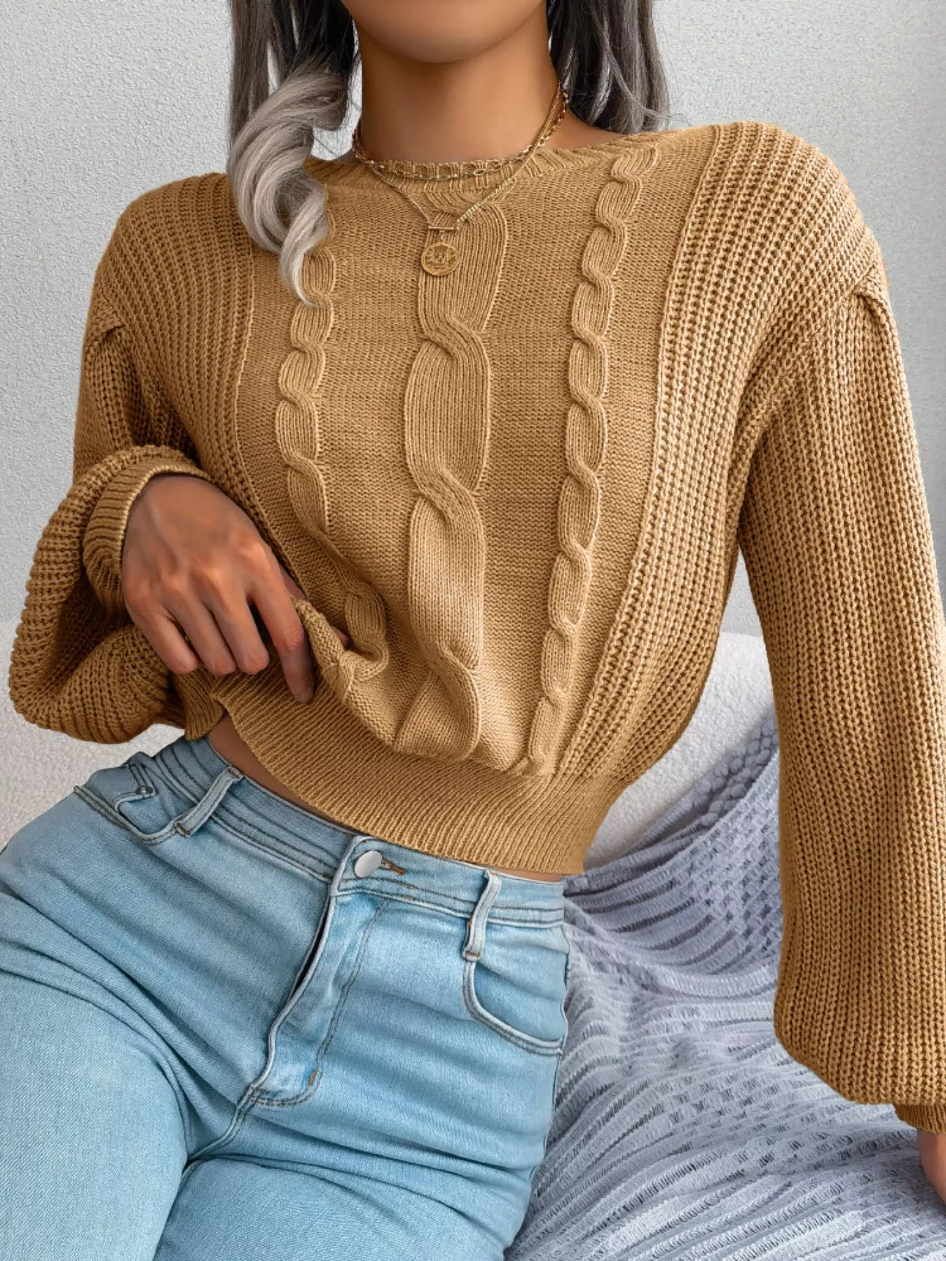 Cable Knit Round Neck Cropped Sweater Taupe
