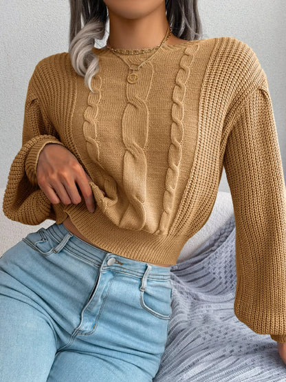 Cable Knit Round Neck Cropped Sweater Taupe
