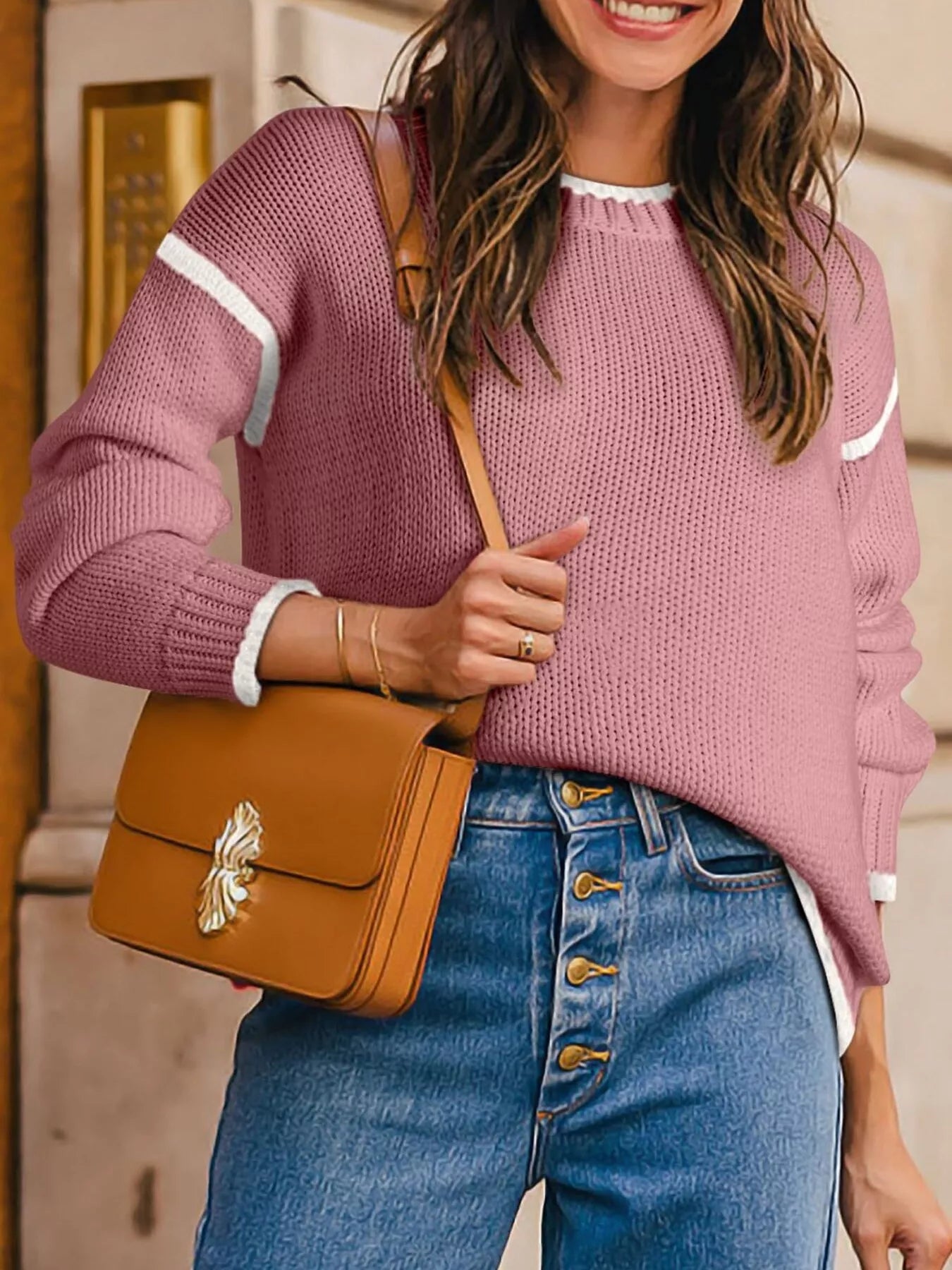 Contrast Trim Long Sleeve Sweater Pink