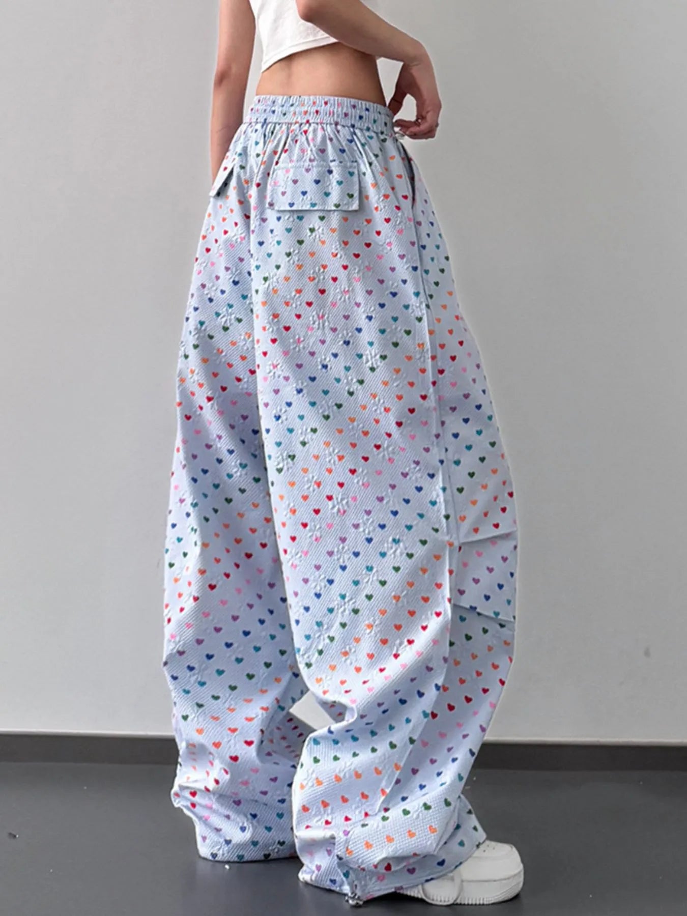 Heart Print Drawstring Wide Leg Pants