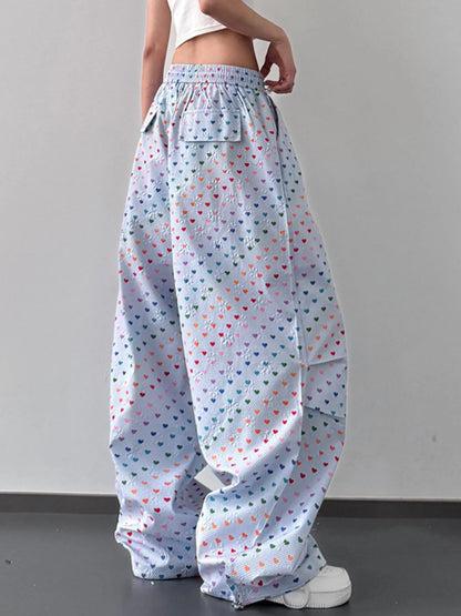 Heart Print Drawstring Wide Leg Pants
