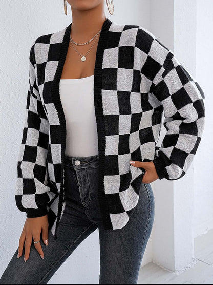 Black and White Checkered Cardigan - Checkered Open Front Long Sleeve Cardigan Black White