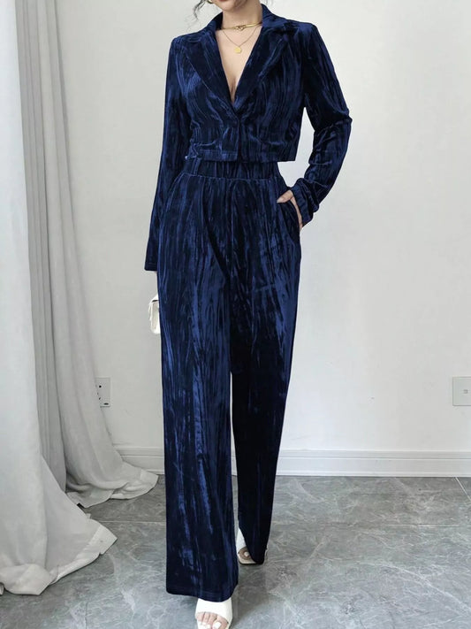 Pleated Velvet Blazer & Wide Leg Pants Set Navy