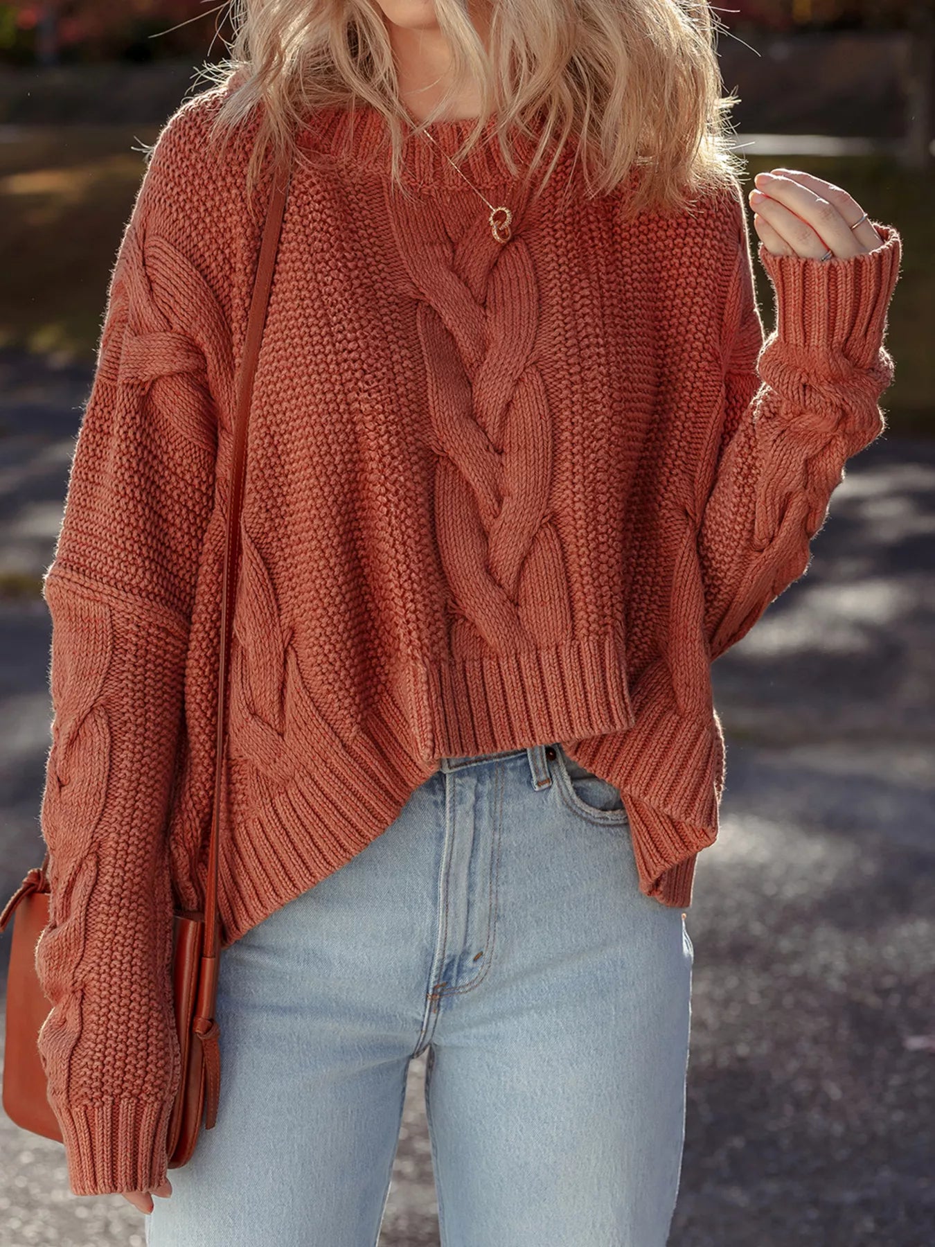 Cable-Knit Chunky Fit Slouchy Textured Sweater Ochre
