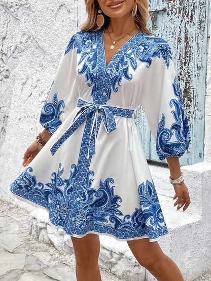 Printed Balloon Sleeve Mini Dress
